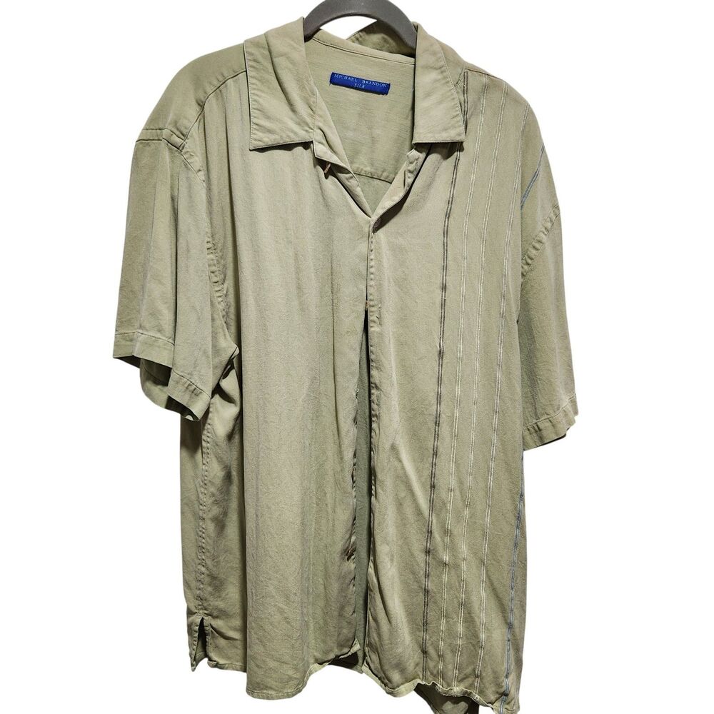 Michael Brandon 100% Silk Olive Camp Shirt Mens‎ L Button Front